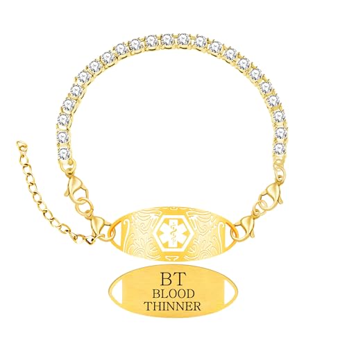 Women's Medical ID Bracelet with White Zircon Tennis Chain, Interchangeable Engraved Plate, Adjustable Lobster Clasp, Lightweight, Hypoallergenic, for Running, Outdoor, Daily Wear - color: Gold-BLOOD THINNER