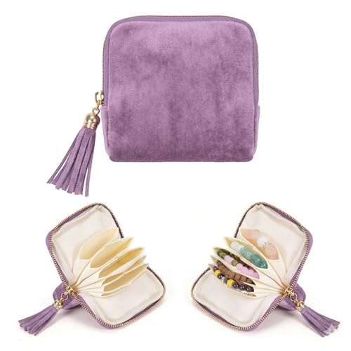 Travel Jewelry Case Small with Tassel Zipper, Soft Velvet Travel Jewelry Organizer Pouch for Necklaces, Rings and Earrings, Portable Multi Layer Jewelry Bags, Anti Tangle Storage - color: Light purple