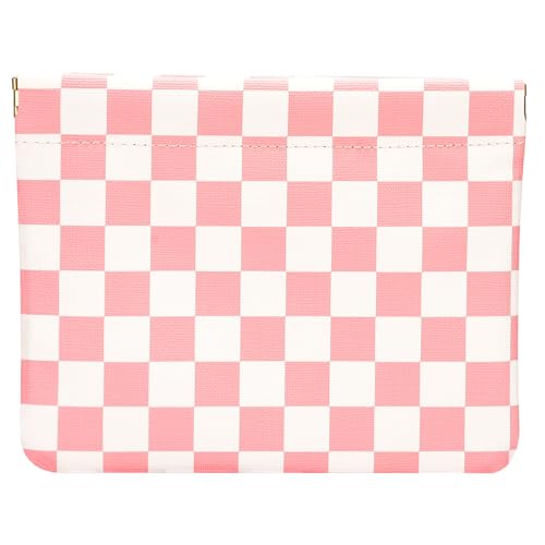 Leather Pocket Cosmetic Bag for Purse,Coin Purse Lipstick Cosmetic Accessories Organizer, Travel Kit Storage Pouch,Waterproof Portable No Zipper Self-closing (Deep Pink/Checkered Pattern) - color: Deep Pink/Checkered Pattern