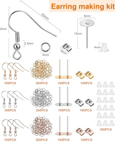 Tondiamo 2400 Pcs Earring Making Kit, Include Bright Gold, Silver and Gold Ear Hooks, 300 Earrings Cards Anti Sensitive Earring Making Tool with Jump Rings and OPP Bags for Repair(White Card) - color: White Card