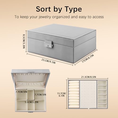 Homeanda Jewelry box 2 layer Jewelry box Leather Jewelry boxes for Women Girls Teens Jewelry organizer box Jewelry Storage box with lock(Grey) - color: Grey