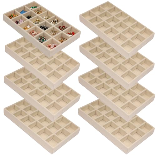144 Grid Earring Organizer 8 Pack Jewelry Trays Stackable Velvet Jewelry Dresser Drawer Organizer Removable Display Tray for Necklace Earring Drawer Ring, Beige - color: Beige, size: Large (8.2'' x 5'' x 1'')