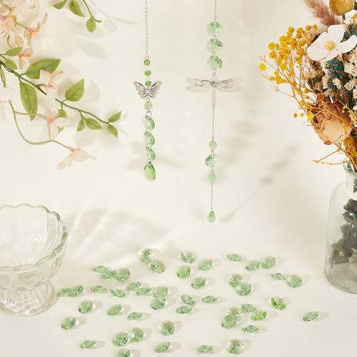 1 Box 120Pcs 14mm Crystal Glass Octagon Beads 2 Hole Prism Bead Bulk Pale Green Chandelier Replacement Connector Suncatcher Faceted Spacers for DIY Lamps Hanging Ornament Pendant Jewelry - color: Peak Green