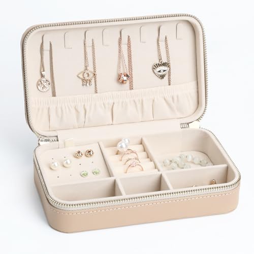 Leather Jewelry Box Women's Travel Jewelry Organizer with Zippered Design Tangle-Free Storage for Necklaces, Earrings, and Bracelets, Luxury Gift Box Apricot - color: Apricot-21, size: Style F