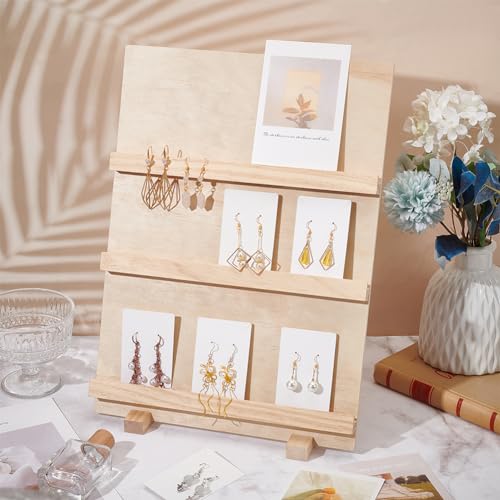 PH PandaHall 3 Tier Wood Earring Card Holder, Retail Jewelry Display Rack Photos Card Display Stand Rack Rustic Earring Display Stand for Displaying Earring Bookmarks Stickers Jewelry Exhibition