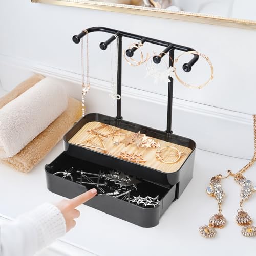 WCHOSOZH Jewelry Organizer Stand, 2-Tier Necklaces Holder with Wooden Tray and 5 Storage Hooks, Earring Holder with 5 Pcs Jewelry Bags for Bracelet,Chains,Rings,Earrings,Keys Watches (Black) - color: Upgraded Black