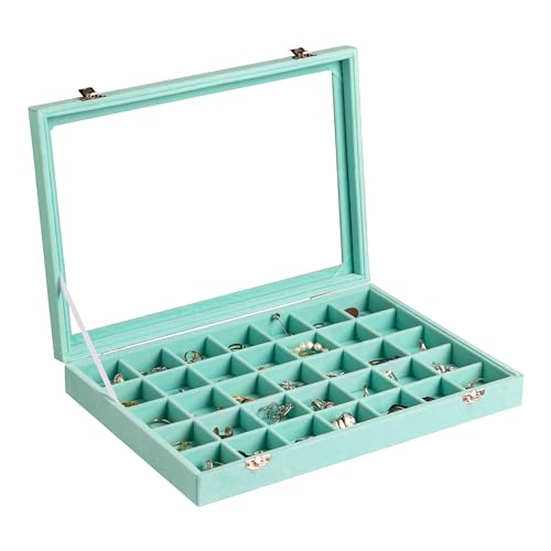Frebeauty Velvet Jewelry Tray,35 Grid Jewelry Organizer with Clear Lid,Earring Holder Organizer Case with Clasp,Drawer Insert for Rings Studs,13.8 x 9.5 x 2 Inches,Gift for Women Girls(Turquoise) - color: Turquoise, size: 35 Grid