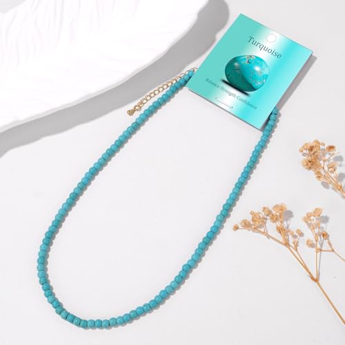 Crystal Choker Necklaces for Women,4mm Handmade Natural Stone Choker Beaded Necklace Healing Crystal Necklace Gemstone Bead Necklaces for Women - color: Turquoise