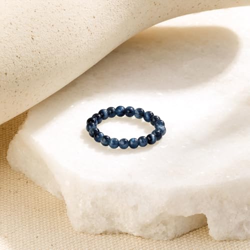 NLIEO Natural Gemstone Stretch Beaded Rings for Women Stackable Dainty Elastic Crystal Rings Jewelry - style: Blue Tigers Eye