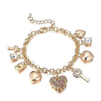 SILANER Gold Chain Link Bracelet - 7"+ 2" Extender 14K Gold Plated Love Locked Bracelets for Women, with Crystal, Love Heart,Key, Lock, Charm Bracelet - color: Multicolor Crystal Love Locked Gold Charm