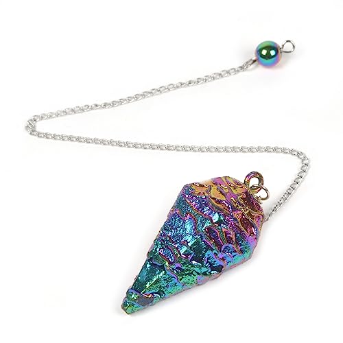Justinstones Metallic Rainbow Coated Dragon Blood Fossil Gemstone Rock Crystal Hexagonal Pointed Reiki Chakra Pendant Pendulum - color: Metallic Rainbow Coated Dragon Blood Fossil