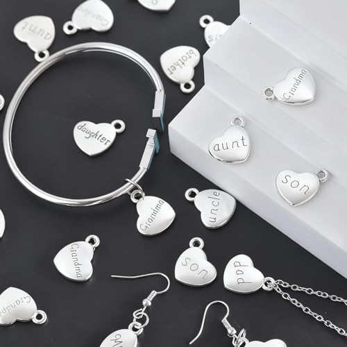 stino 100 Gram Metal Charms for Jewelry Making, Silver & Gold Plated, Bulk Pack for Bracelets, Necklaces, Crafts - color: Family Heart Silver (50Pcs)