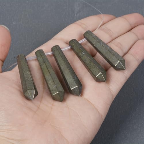 50mm Natural Pyrite Hexagonal Wand Jewelry Making Crystal Pointed Chakra Reiki Healing Beads 2mm Hole Drilled(Pack of 5) - color: Pyrite