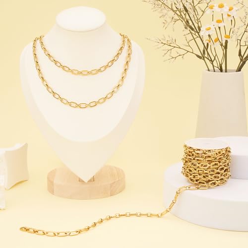 Jabogrii 3 Meters Gold Stainless Steel Jewelry Making Chains Bulk Oval Paperclip Chain for Jewelry Making - color: Paperclip Gold