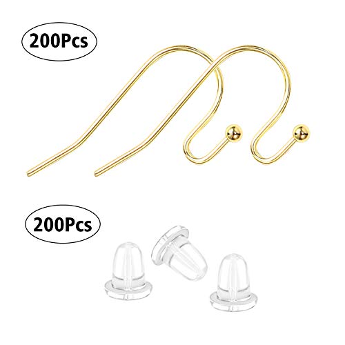 Earing Hooks 14K Gold Plated Hypoallergenic Ear Wires for Jewelry Making （200 PCS Earrings Hooks+200 PCS Earring Backs） - color: A-14K Gold