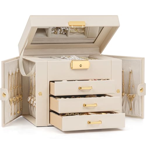 TORIBIO Jewelry Box for Women, Leather Jewelry Organizer with Mirror & Lock, 4-Tier Jewelry Storage Organizer with 3 Drawers for Girls/Women/Mothers, Necklace Earring Bracelets Holder Organizer - color: Beige Yellow, size: 4 Layer