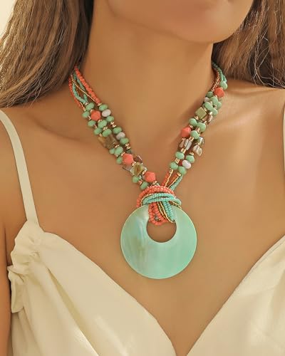 Coiris Shell Pendant Statement Strand Necklace for Women Boho Multi Beads Natural Stone Colorful Necklace Bohemian Handmade Chunky Shell Beaded Collar Jewelry for Women - color: Teal