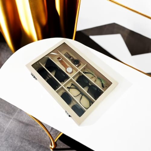 Large Beige Premium Quality Velvet Jewelry Display Box Tray Stackable Practical Trade Show Home Store Eyewear Tray with Glass Lid - color: Eyewear Tray with Lid