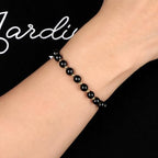 QOGIR 14k gold Handmade Healing Bracelet, Natural Gem Stone Crystal Elastic Gold Bracelet - color: Black Onyx - Protecting and Grounding, size: 6m