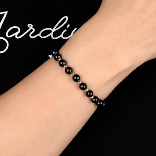 QOGIR 14k gold Handmade Healing Bracelet, Natural Gem Stone Crystal Elastic Gold Bracelet - color: Black Onyx - Protecting and Grounding, size: 6m