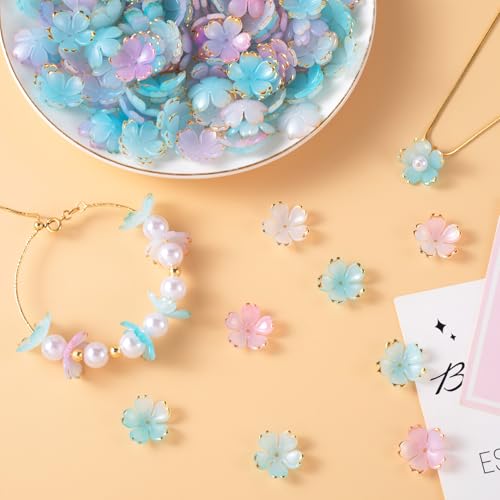 100pcs Cherry Blossom Beads, 5-Petal Gradient Acrylic Flower Beads, Mini Spacer Hair Accessories Halloween Christmas for Bracelets Earring Jewelry Making- Blue & Purple2 - color: Blue & Purple2