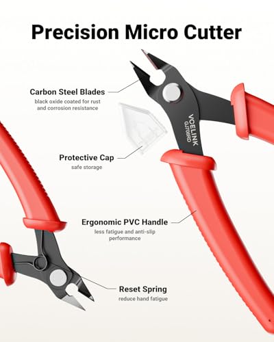 VCELINK Micro Precision Wire Cutter Spring Loaded, 5-Inch Flush Cutter Pliers, Nippers, Small Side Cutter for Electronics, Zip Ties, Craft and Jewelry, Red - color: Red