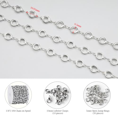KYUNHOO 4.3 Yard Silver Craft Chains for Jewelry Making Hollow Circle Chain Links with Jewelry Connectors for Handcraft DIY Finding Supplies - color: Circle Steel
