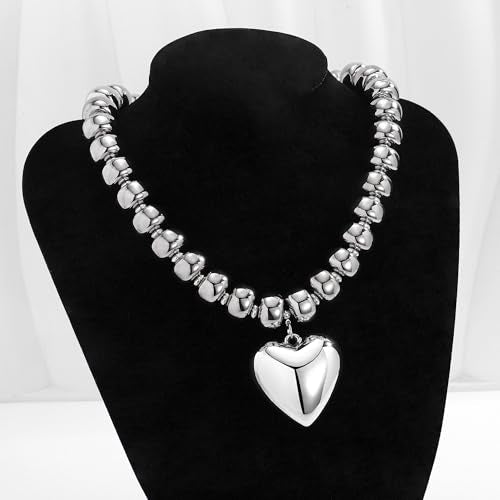 Gold Heart Pendant Necklaces for Women Colorful Acrylic Resin Beaded Choker Necklace Fashion Chunky Statement Beaded Heart Necklace - color: White-gold