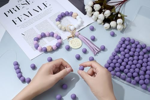 MAIBAOTA 120 Pcs Purple Silicone Beads 15 mm Purple Beads for Keychain/Pens/Bracelet/Necklace Making Focal Beads Loose Rubber Round Silicone Beads Bulk for Craft Making（with Boxed Kits） - color: Purple