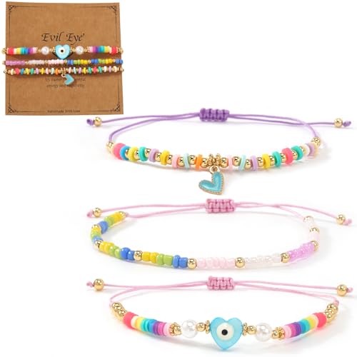 Evil Eye Heart Charm Stackable String Rope Colorful Beaded Bracelets Set For Women, Boho Handmade Adjustable Protection Lucky Gold Jewelry, Daily Party Friendship Gift - color: Pink