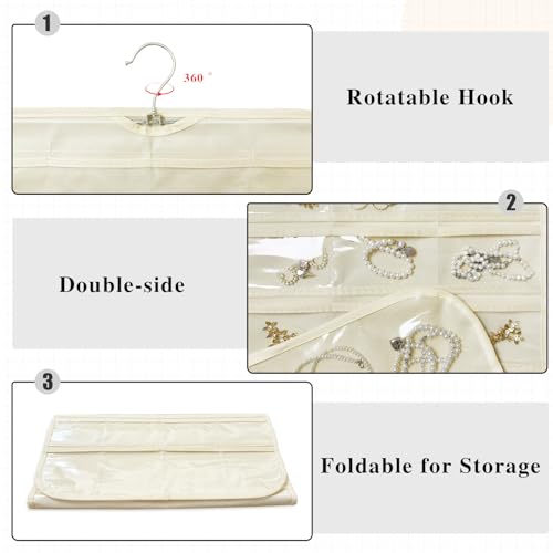 1 Pack Hanging Jewelry Organizer 80-Pocket Dual-sided Jewelry Storage for Earring Necklace Bracelet Ring Travel Holder, Beige - color: Beige