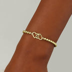 Mothers Day Gifts - Beaded Bracelets for Women 14K Silver Gold Plated Stretch Handmade Ball Bracelets Cute Charm Bracelet Dainty Stackable Cross Heart Bow Wave CZ Circle Trendy Jewelry Easter Gifts - color: double-heart