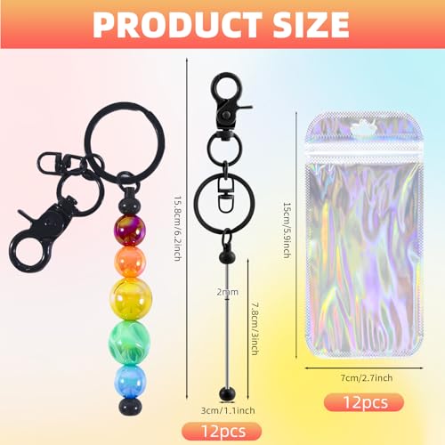 24 Pcs Beadable Keychains Bars bulk - 12 Black DIY Metal Beaded Keychain Making Kit + 12 Bags Included, Bead Keychain Supplies,Blank Key Chain, Perfect for Women, Men, Mother's Day, Birthday Gift - color: C-black, size: 12