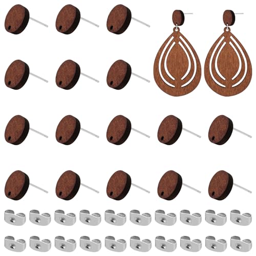 Wood Earring Posts for Jewelry Making, 70Pcs Wooden Stud Earrings Posts with Loop Earring Findings Wooden Flat Round Earring Studs Bulk with Ear Backs for Earring Making Supplies Jewelry Findings - color: Round-70pcs