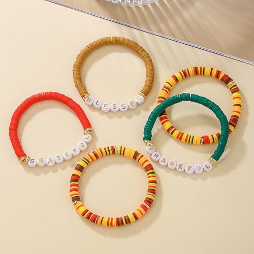 Thanksgiving Stackable Bracelet for Women Set Colorful Beads Rubber Ring Elastic Layering Letter Disc Maple Leaf Pendant Clay Stretch Fall Bracelets Fall Costume Bracelet Jewelry for Women - style: Style1