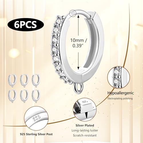 6Pcs Zirconia Hoops for Earrings Making, 925 Sterling Silver Ear Hooks Round Small Zirconia Huggie Hoop with Loop, Silver Leverback Hoops Dangle Earring Making Gold Jewelry Findings Supplies Set - color: 6PCS_SilverB