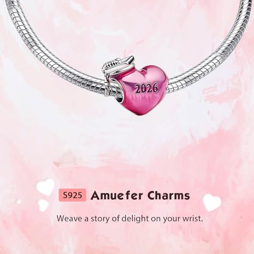 Mothers Day Birthday Number Love Family Friendship Graduation Auntie Grandma Dad Mom Charms for Pandora Bracelets Necklaces, Gifts Women, for Anniversary Valentines Christmas - style: Class of 2026 Graduation Pink Heart Charm