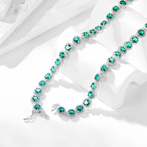 Gemsme 18K White Gold Plated Halo Necklace 5.0mm Round Cubic Zirconia Classic Tennis Necklace - color: White Gold - Green, size: 20 inch
