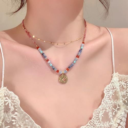 Handmade Natural Gemstone Beaded Necklace for Women, Cultured Freshwater Pearl Choker with Adjustable Extension Chain, Boho Healing Crystal Jewelry Collection - color: f Colorful