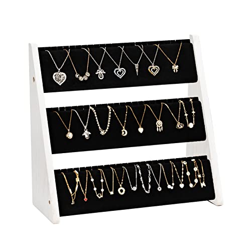 Necklace Organizer, 3-Tier Necklace Holder Jewelry Organizer Stand with Velvet, Wood Necklace Jewelry Display Stand, Necklace Display Stands for Selling 72 Necklaces Bracelets (White) - color: Black and White, size: 1 Pack