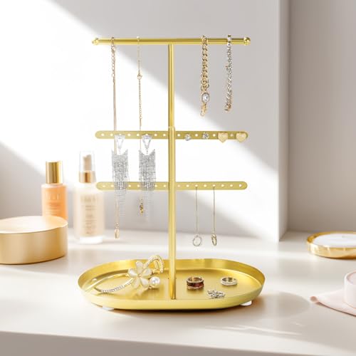 Saydear Elegant Jewelry holder Organizer: 2-Tier Display Storage Stand for Earrings Necklaces with Ring Tray Spacious and Durable, Easy to Assemble Gold - color: Gold
