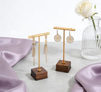 3 Pack Earring Display Stand, Golden Metal Earring T Bar Stand, Jewelry Towers with Wooden Square Base, Earring Hanging Holder for Jewelry Organizer Display