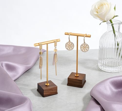 3 Pack Earring Display Stand, Golden Metal Earring T Bar Stand, Jewelry Towers with Wooden Square Base, Earring Hanging Holder for Jewelry Organizer Display