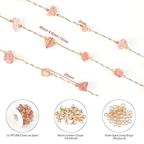 KYUNHOO 16.4ft Handmade Natural Raw Healing Crystal Natural Gemstone Brass Chain for Jewelry Making DIY Crafts Gold Chain Roll with Jump Rings and Lobster Clasps - color: Natural Stone-Strawberry