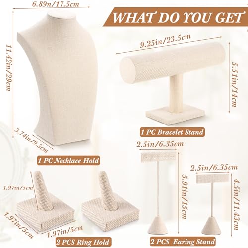 Kigley 6 Pcs Jewelry Display Set Necklace Bust T Bar Bracelet Holder Earring Ring Finger Display jewelry Stand for vendors Selling Store Trade Show(Linen) - color: Linen