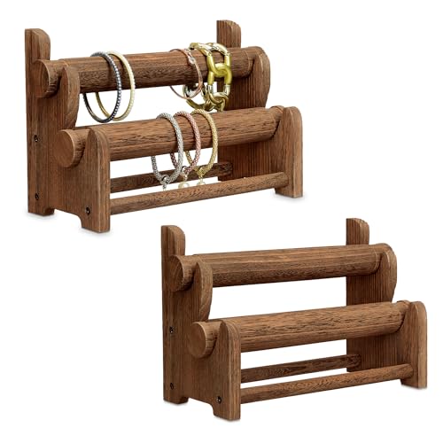 Ikee Design 2 Wooden 2-Tier Bar Bracelet/Bangle Jewelry Holder Stand Display Organizer, Wood Bracelet Bangle Holder, Brown Color, 11 3/4 W x 5 3/8 D x 8 H in - color: Brown, 2 Pieces