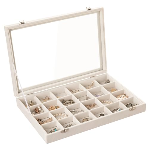Frebeauty Velvet Jewelry Tray,24 Grid Jewelry Organizer with Clear Lid,Earring Holder Organizer with Clasp,Drawer Insert Rings Pendants Brooches,13.8 x 9.5 x 2 Inches,Gift for Women Girls(Beige) - color: Beige, size: 24 Grid