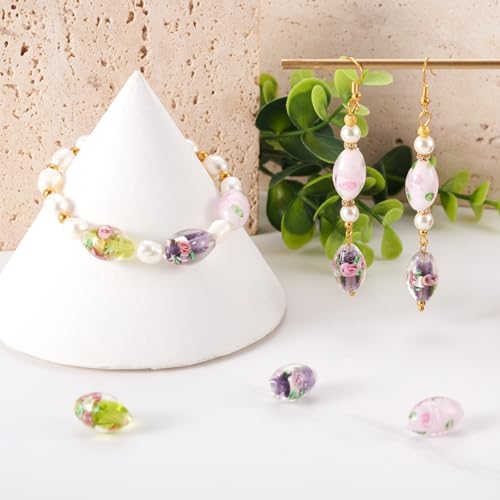 Elecrelive 10Pcs Oval Flower Glass Beads 16mm Silver Foil Lampwork Beads Purple Floral Crystals for DIY Bracelet Necklace Earring Jewelry Making - color: Medium Purple