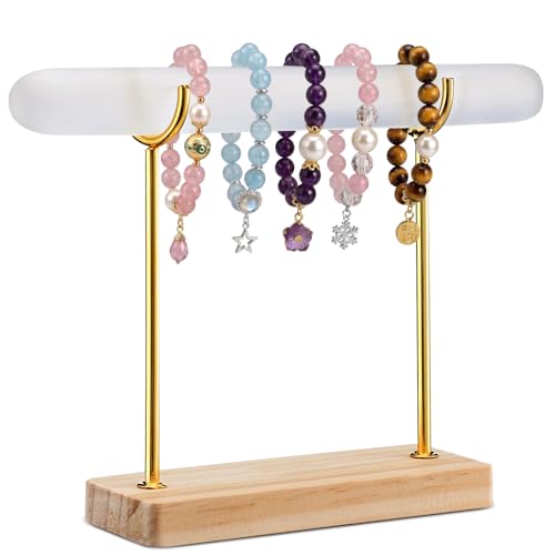 RattanView Selenite Bracelet Holder Display Stand Crystal Healing Goth Bracelet Display Stand Detachable Jewelry Wrap Watch Organizer Holder with Wooden Base for Bangles Charging Clean(1 Tier) - style: 1 Tier