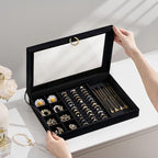 bussdis Glass Lid Jewelry Organizer Box – Black Velvet Jewelry Case with Ring Slots, Necklace Hooks & Removable Compartments for Earrings, Rings & Bracelets - color: Black